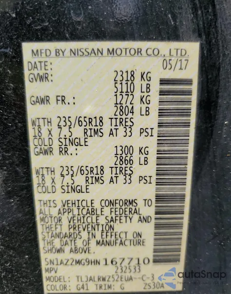 2017 Nissan Murano S z USA, uszkodzony, nr VIN 5N1AZ2MG9HN167710